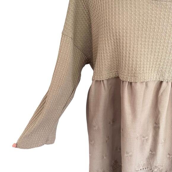Suzanne Betro Signature Tan Mixed Media Top Waffle Knit Eyelet Lace Sz 1X Boho - Picture 3 of 7